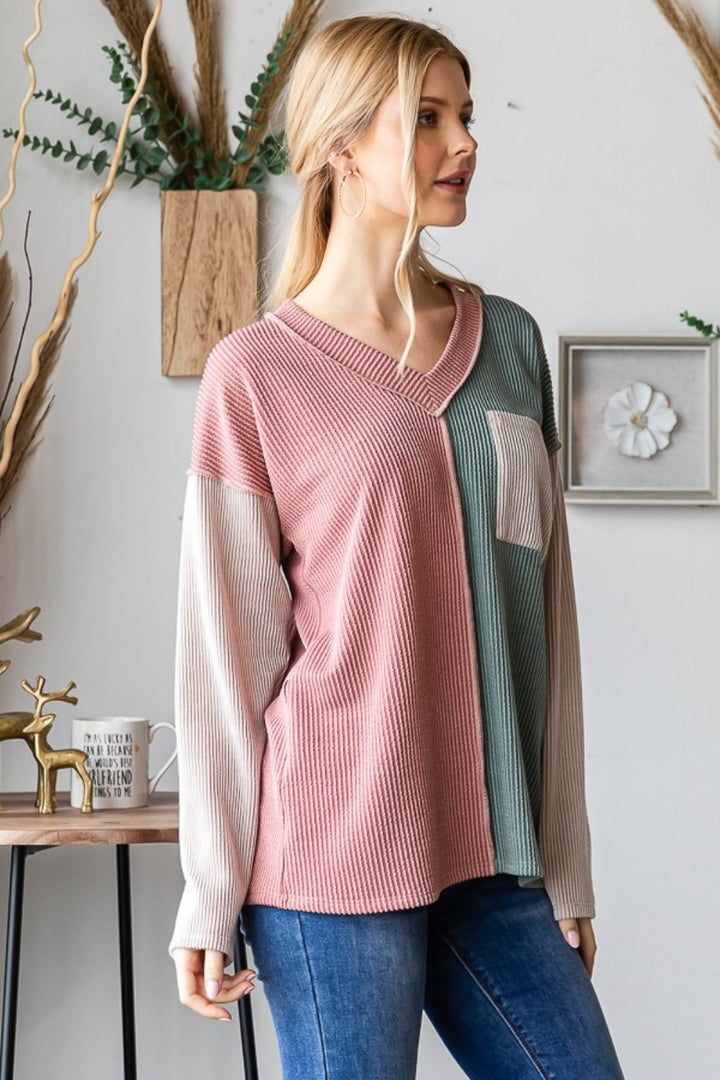 Color Block Exposed Seam Ribbed Shirt