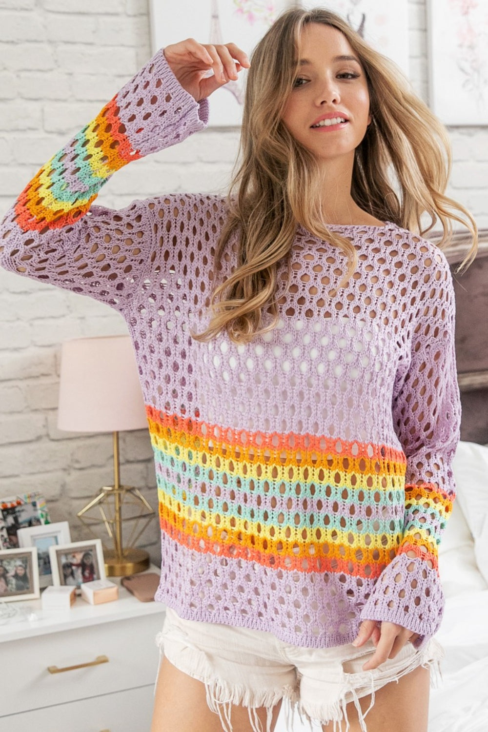 Rainbow Stripe Openwork Sweater