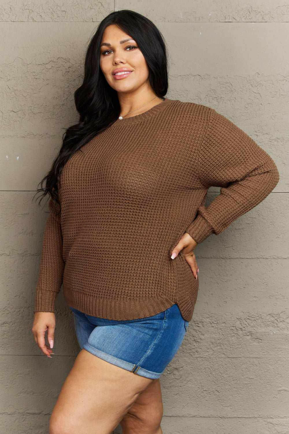 Size High Low Waffle Knit Sweater