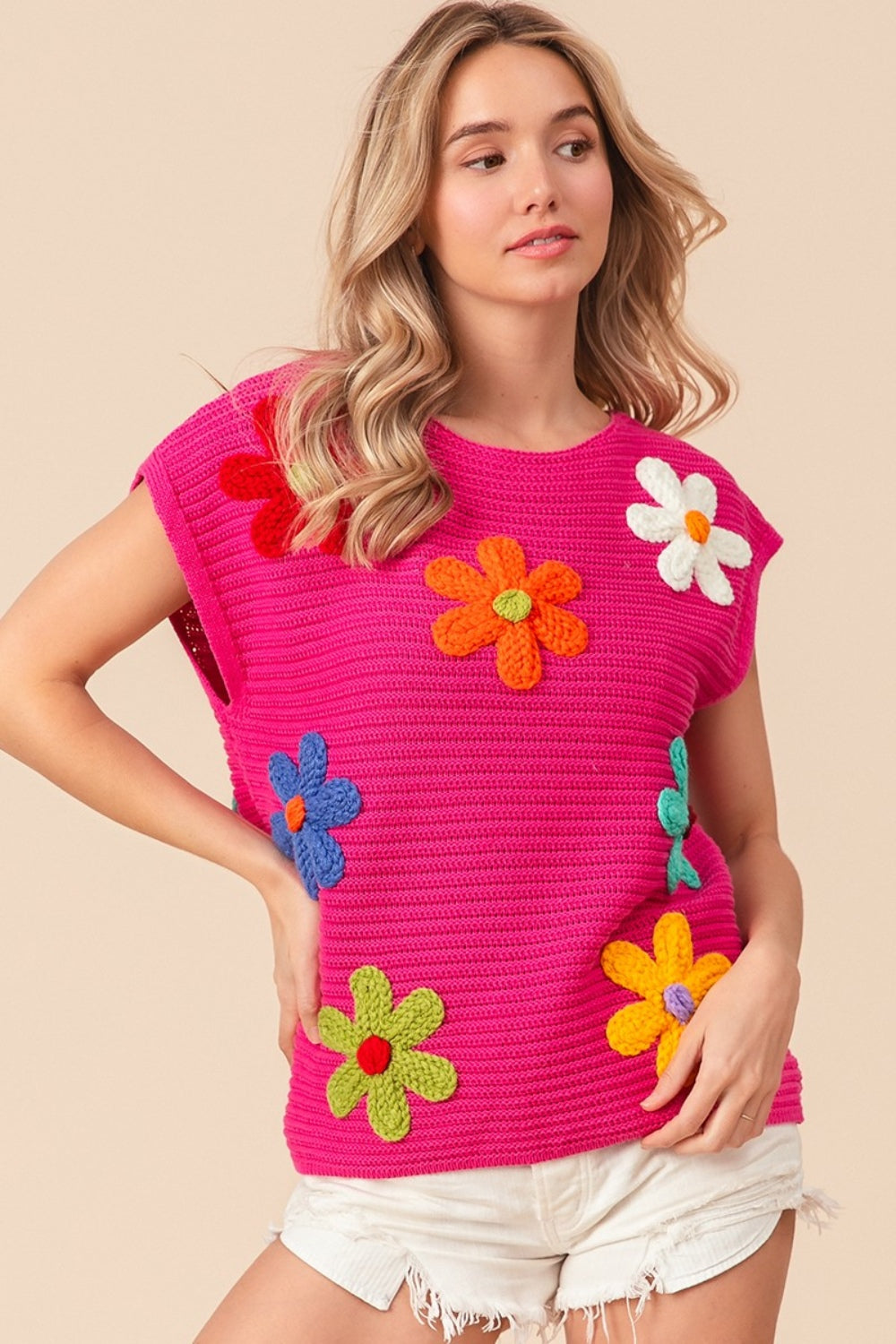 Flower Patch Cap Sleeve Knit Top