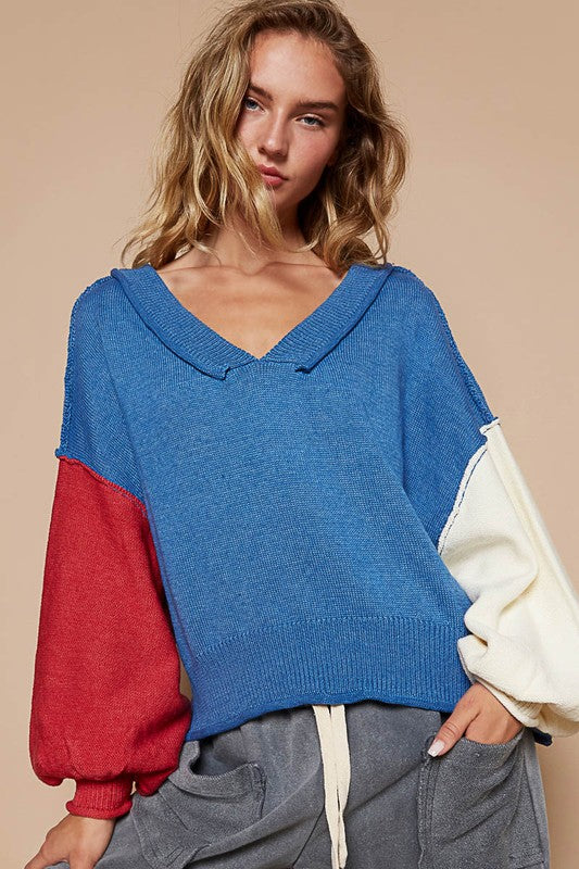 Color Block Lantern Sleeve Sweater