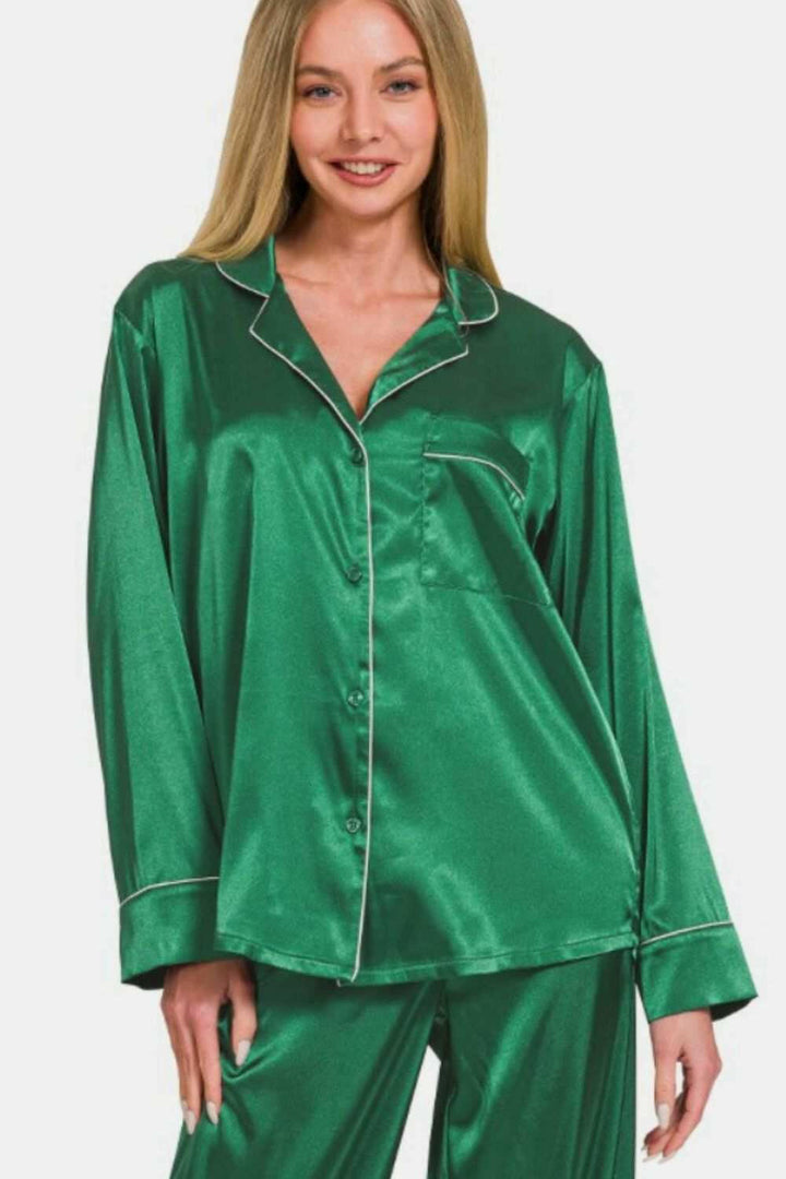 Classic Satin Pajama Set (Pants and Button Up Shirt) with Piping and Chest Pocket in Hunter Green - The Rogue Daisy