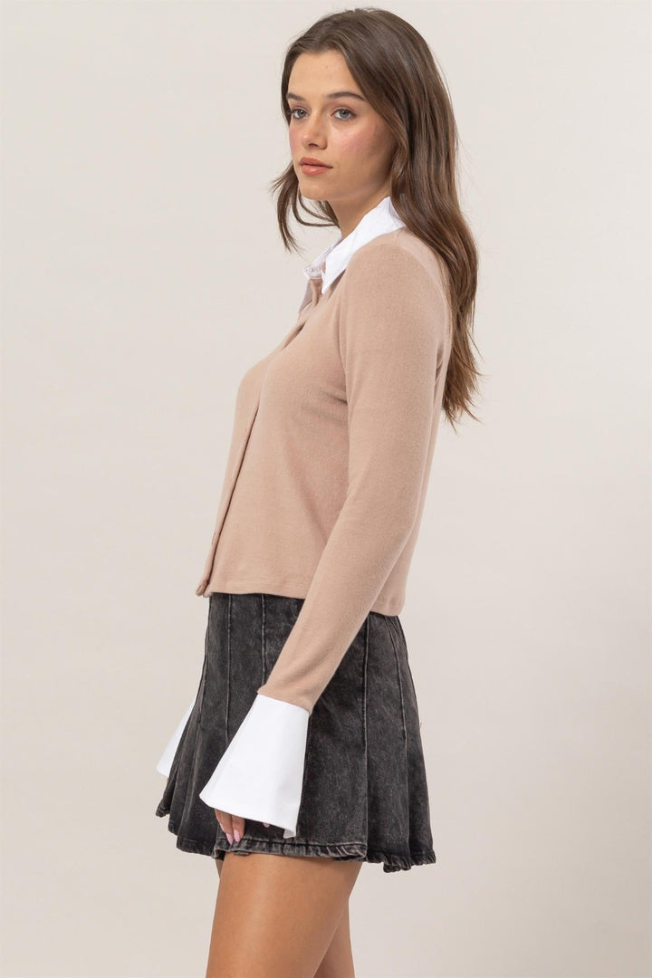 Collared Button Down Crop Knit Cardigan