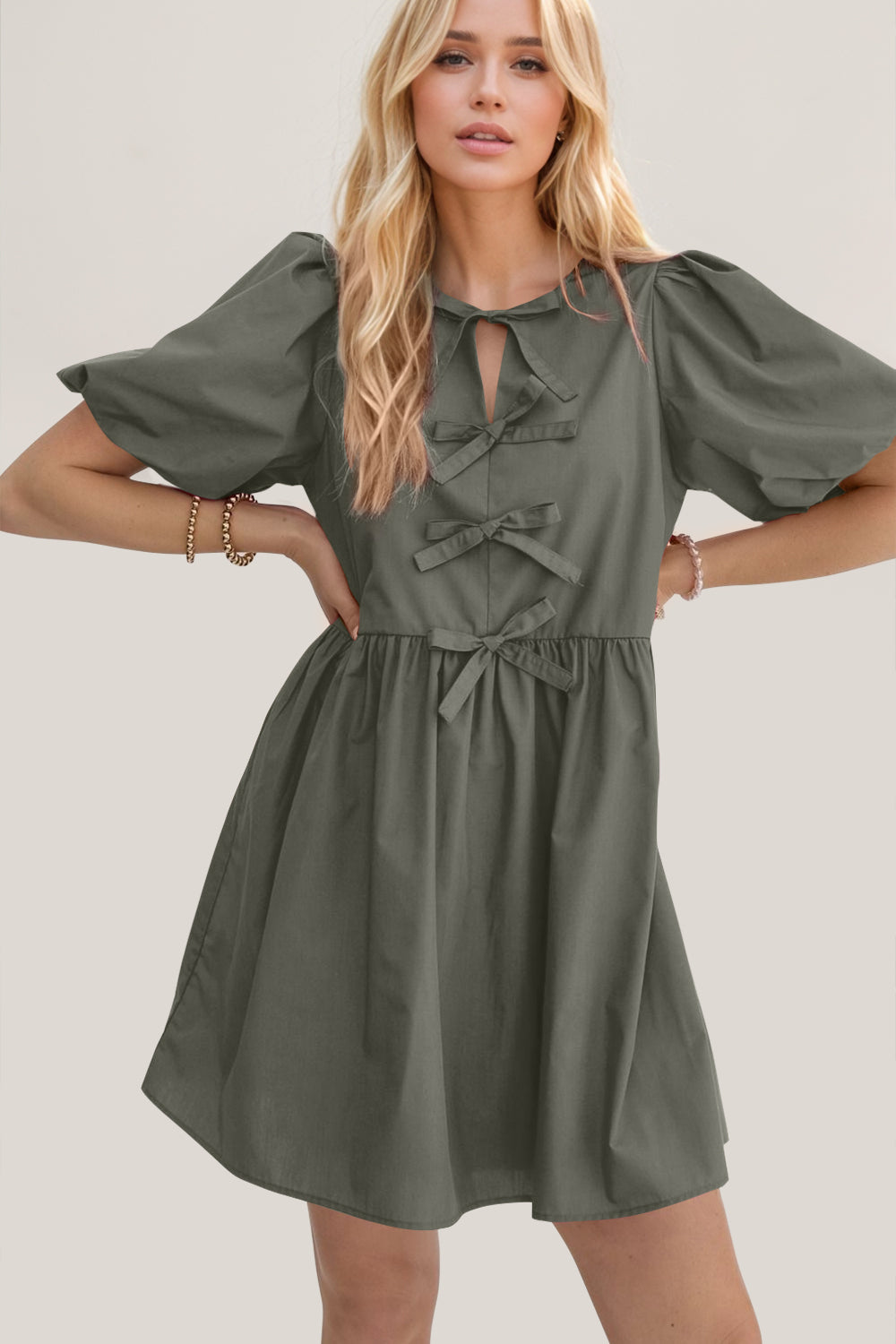 Oh Bow Ruched Puff Sleeve Mini Dress