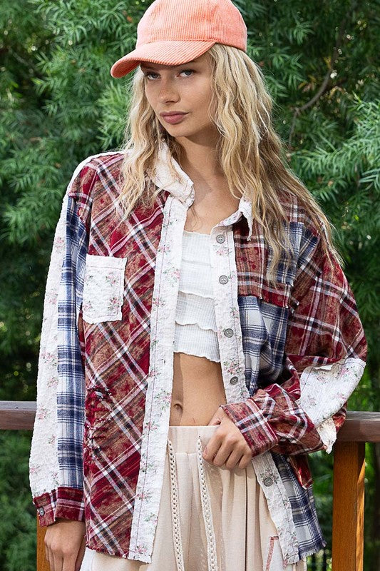 Patchwork Plaid Button Up Cotton Shirt