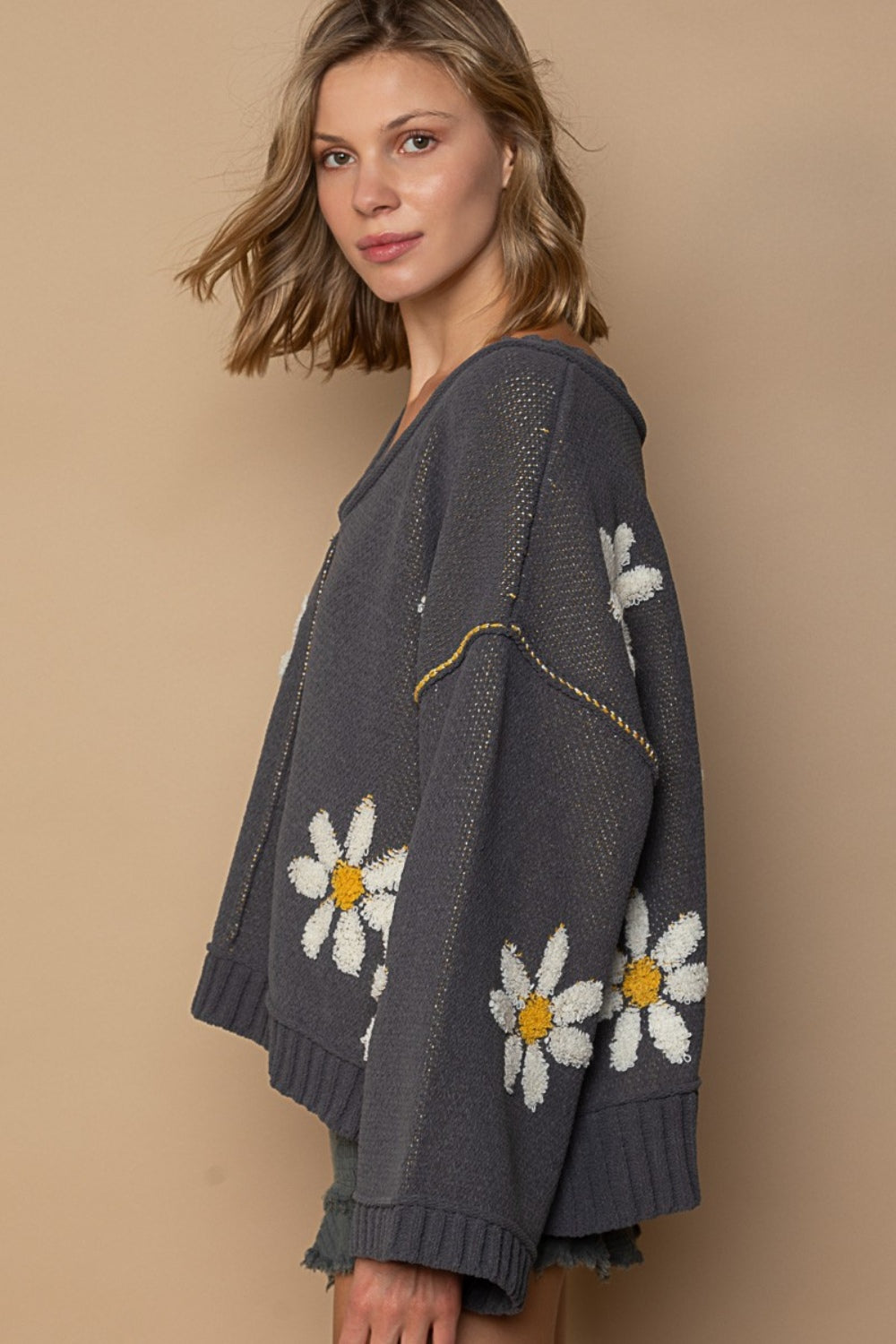 V-Neck Floral Pattern Chenille Sweater