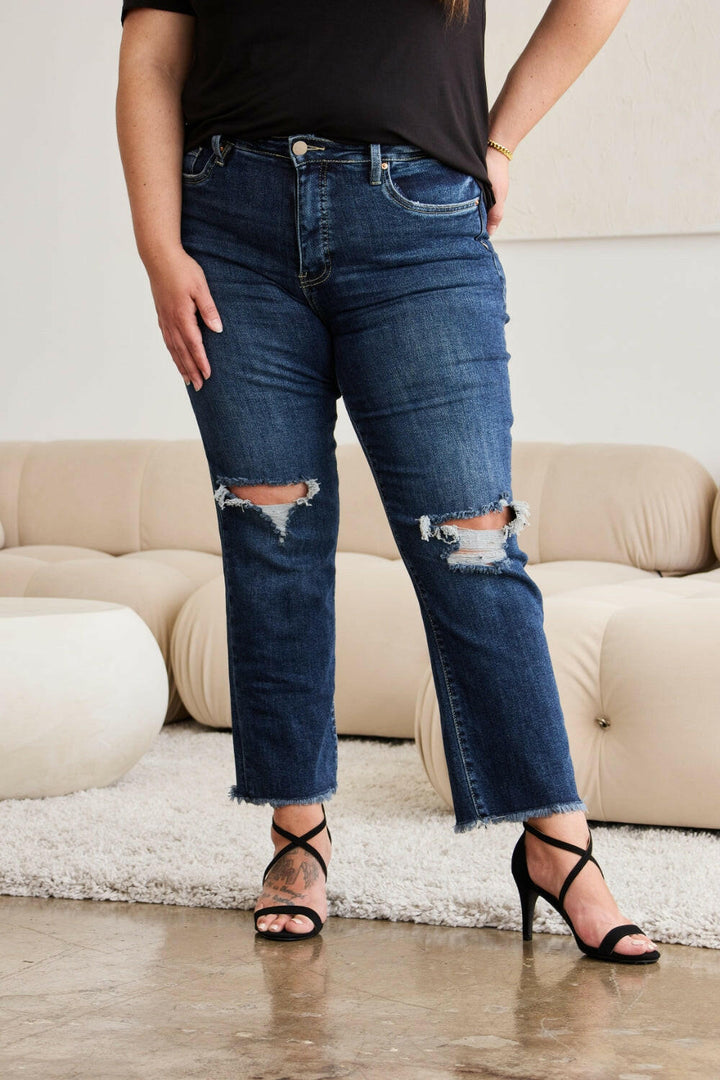 RFM 'Dylan' Tummy Control Distressed High Waist Raw Hem Cropped Jeans - Full Size.