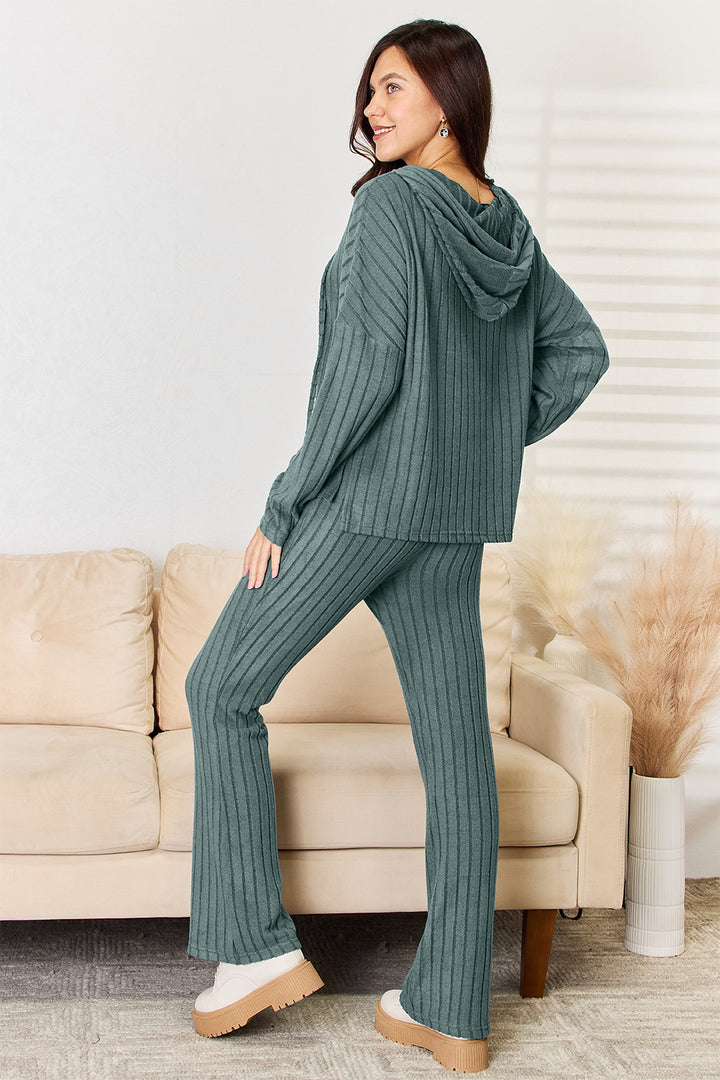 Ribbed Drawstring Hooded Top and Pants Set