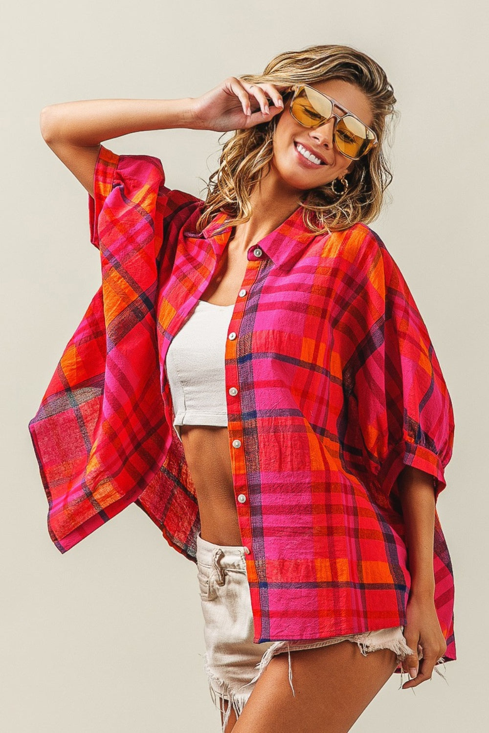 Linen Blend Dolman Sleeve Plaid Shirt