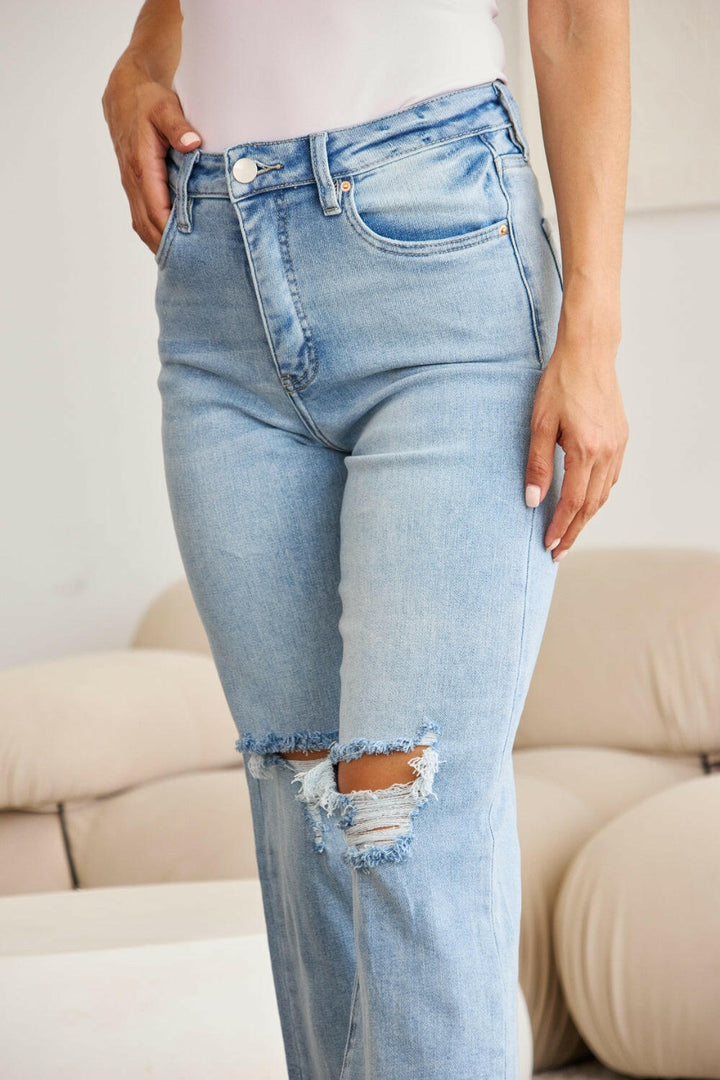 RFM Tummy Control High Waist Raw Hem Distressed Jeans - Full Size.