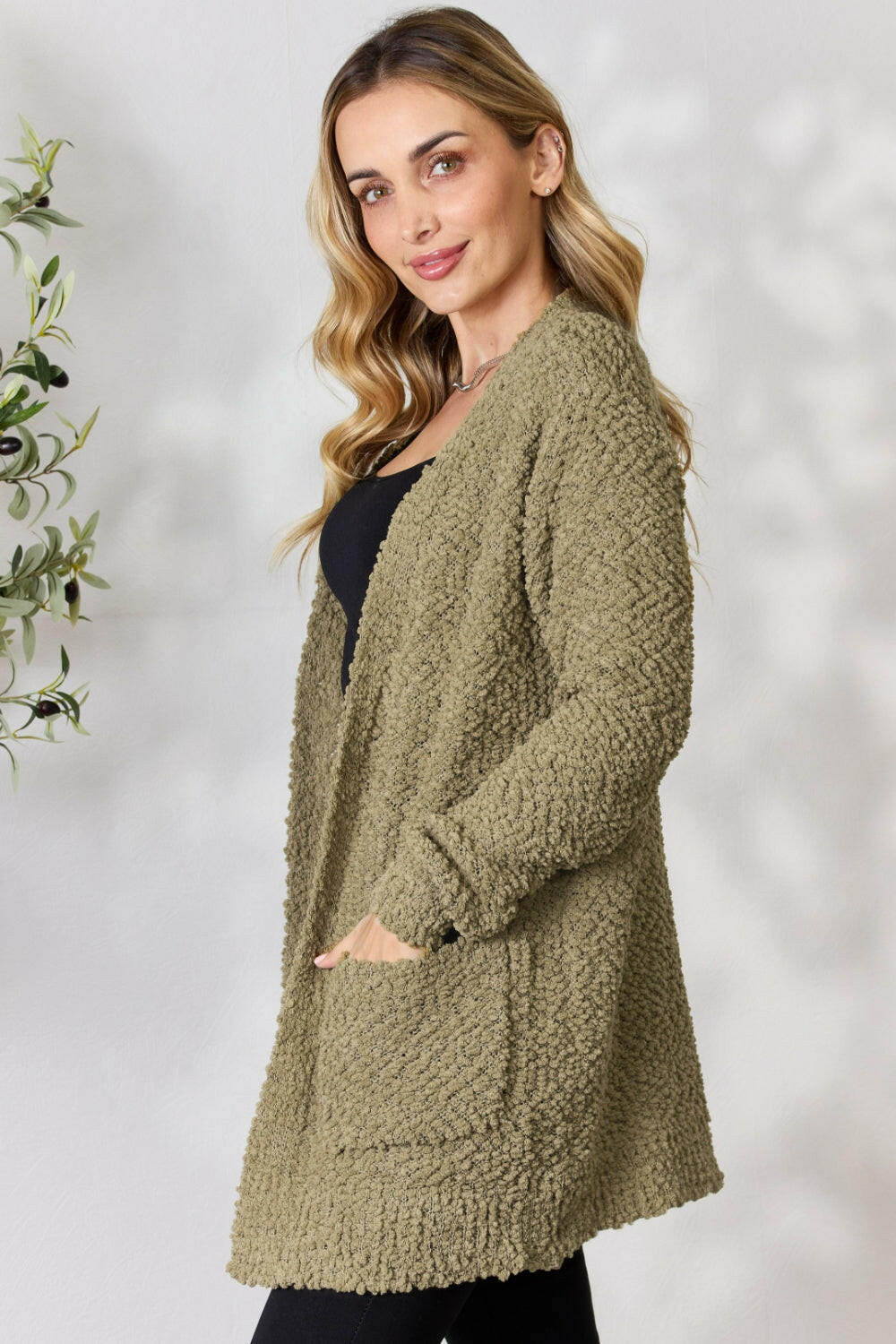 Full Size Open Front Popcorn Cardigan