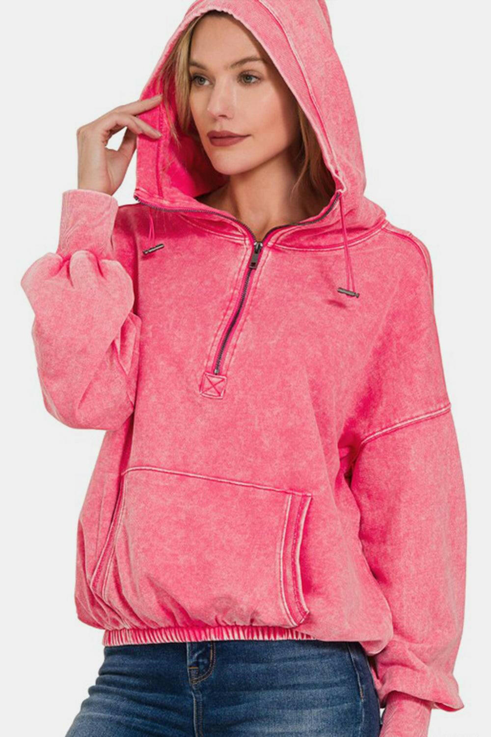 Zenana Drawstring Half Zip Dropped Shoulder Hoodie