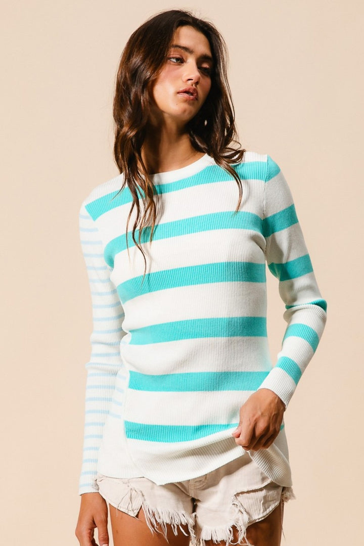 Mint Stripe Asymmetrical Hem Knit Top