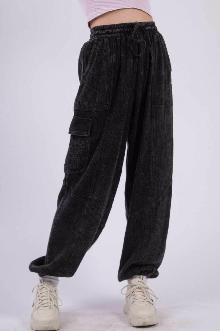 Crinkle Gauze Drawstring Cargo Joggers - The Rogue Daisy