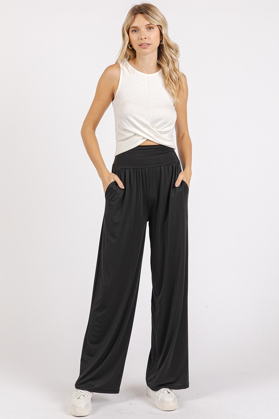 Stretch Banded Waist Wide Leg Pants with Pockets