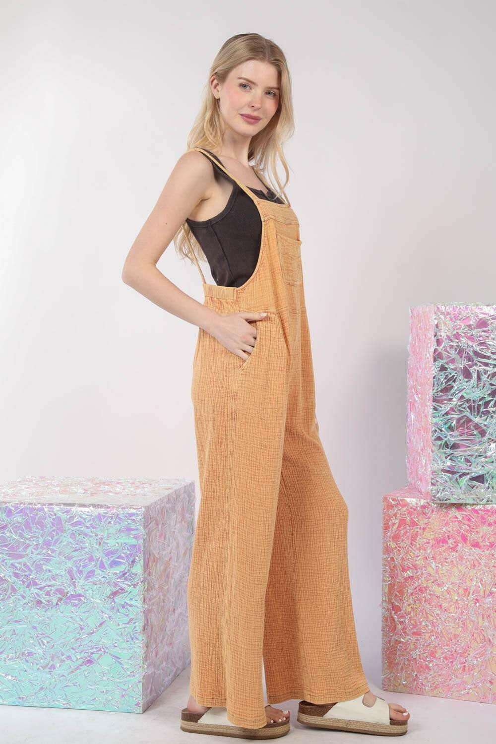 Texture Washed Wide Leg Overalls - Tangerine - The Rogue Daisy