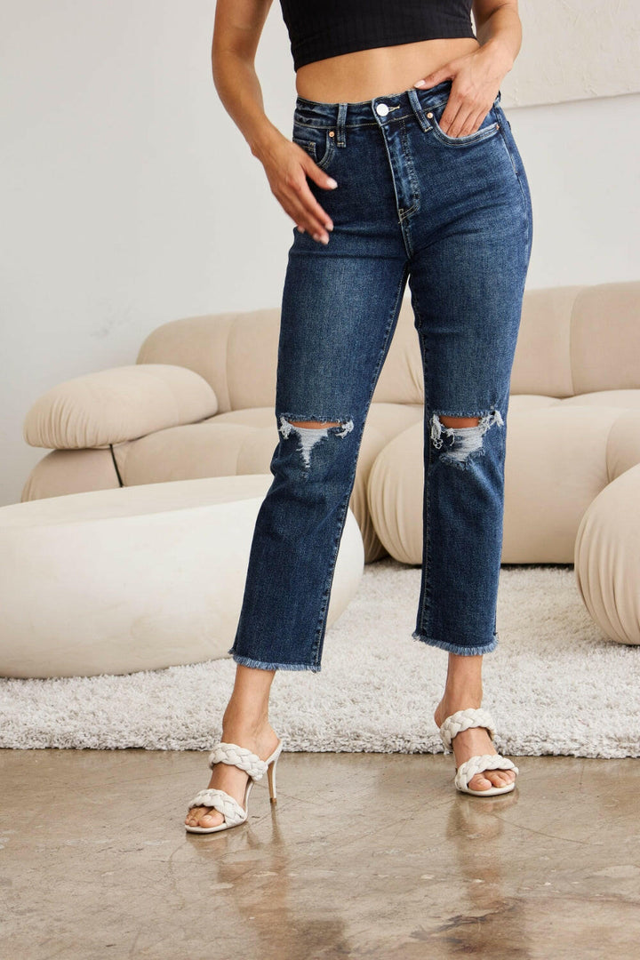 RFM 'Dylan' Tummy Control Distressed High Waist Raw Hem Cropped Jeans - Full Size.