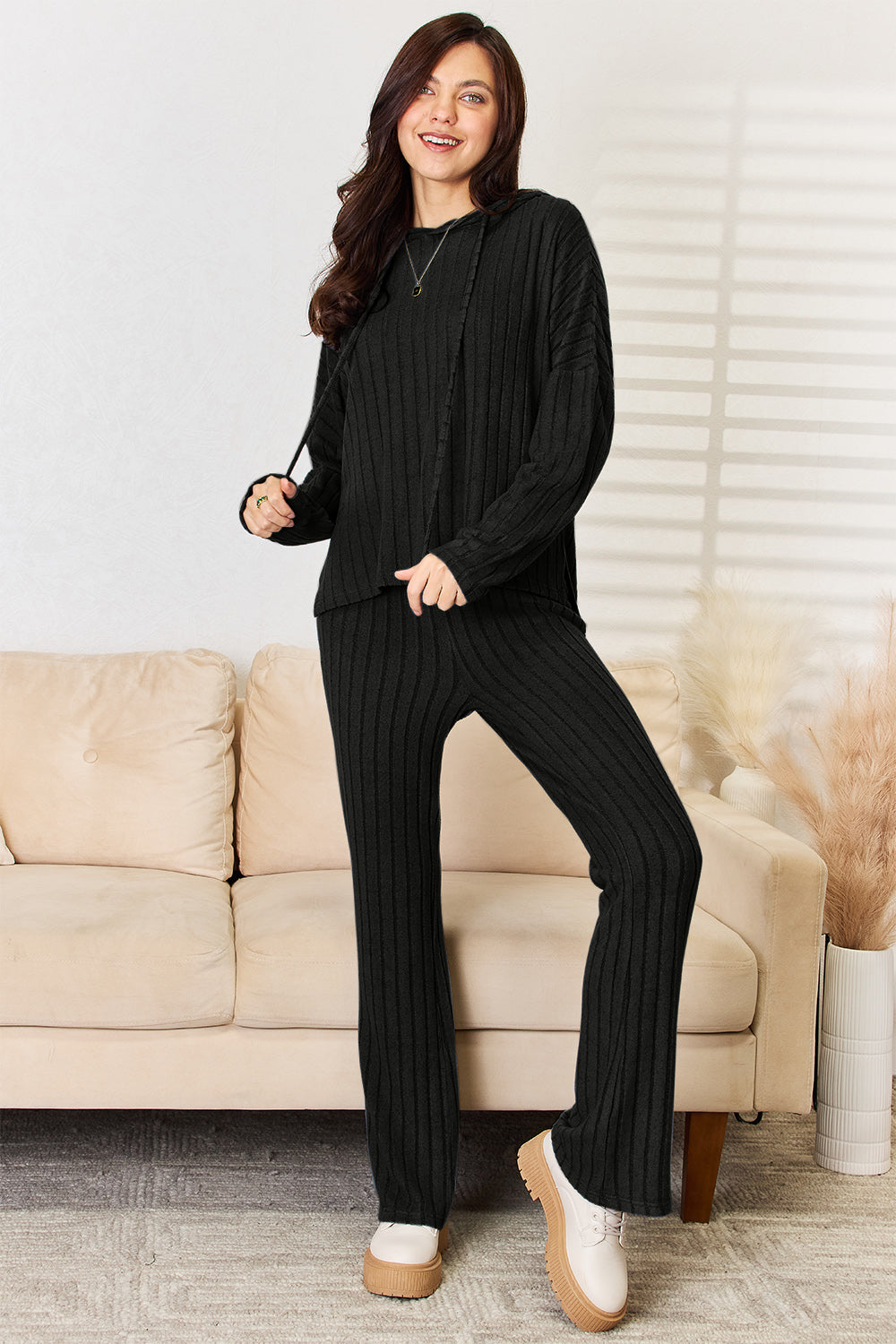 Ribbed Drawstring Hooded Top and Pants Set