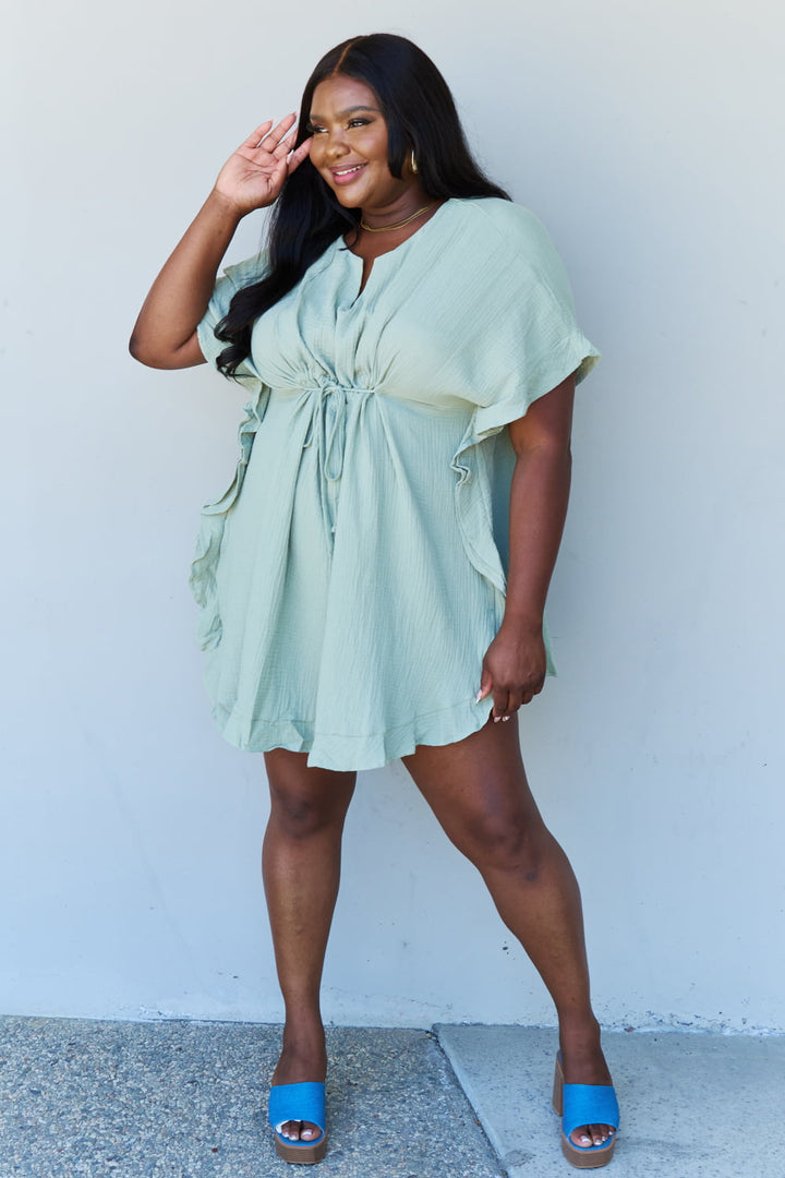 Cotton Ruffle Mini Dress with Drawstring Waist