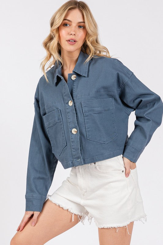 Big Button Cropped Denim Jacket