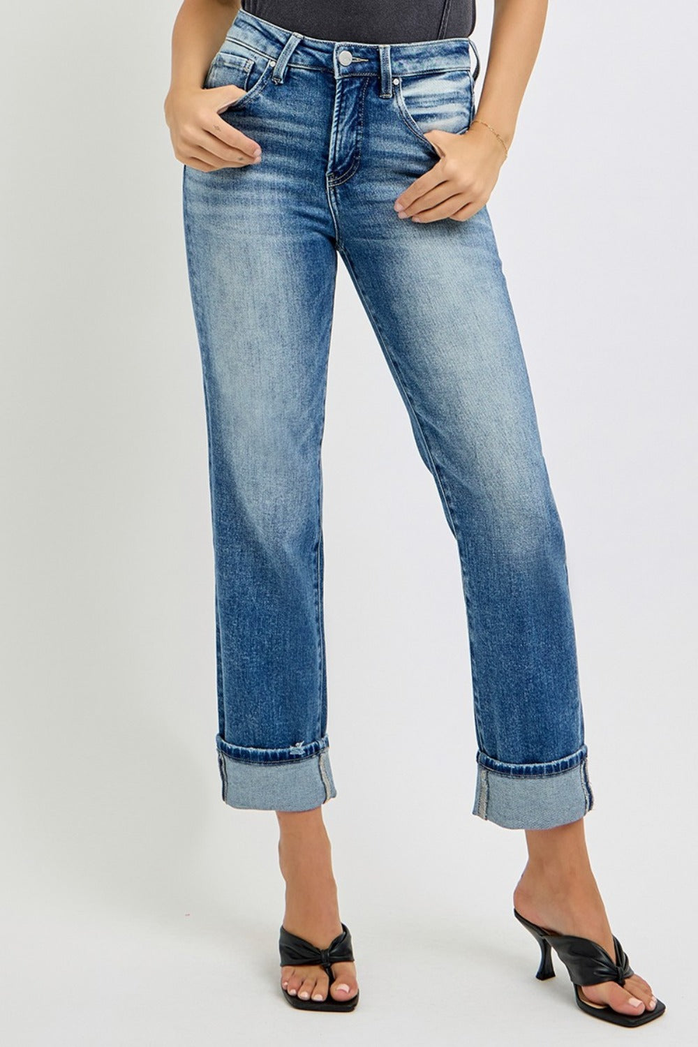 High Rise Crop Roll Up Jeans