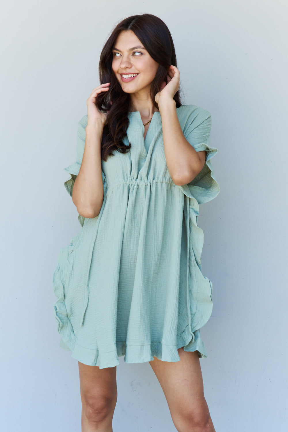 Cotton Ruffle Mini Dress with Drawstring Waist