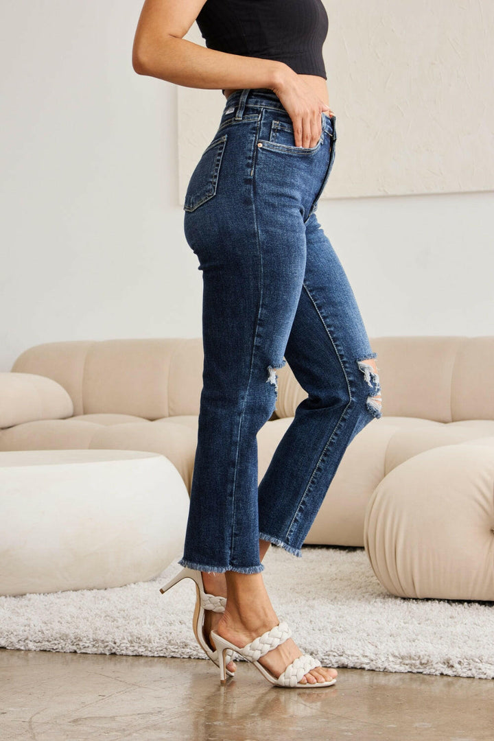 RFM 'Dylan' Tummy Control Distressed High Waist Raw Hem Cropped Jeans - Full Size.