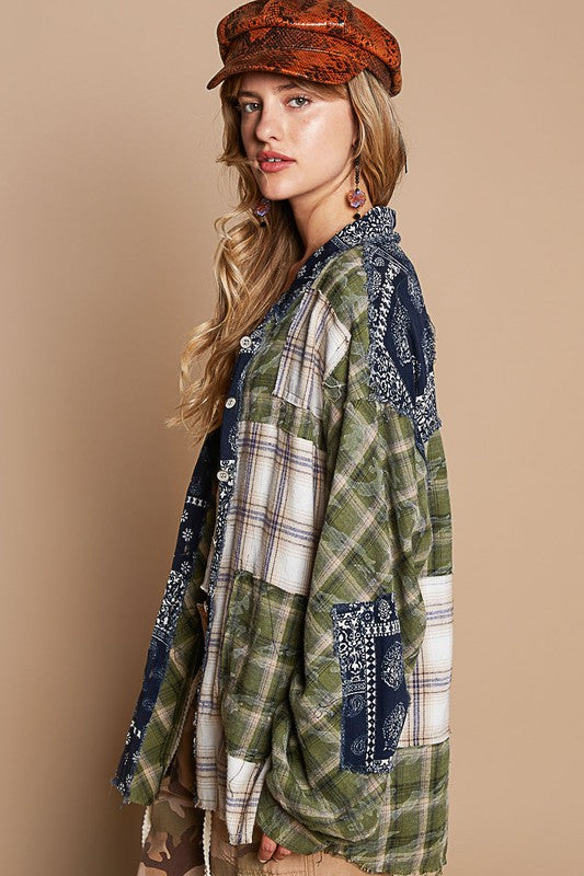 Patchwork Plaid Button Up Cotton Shirt