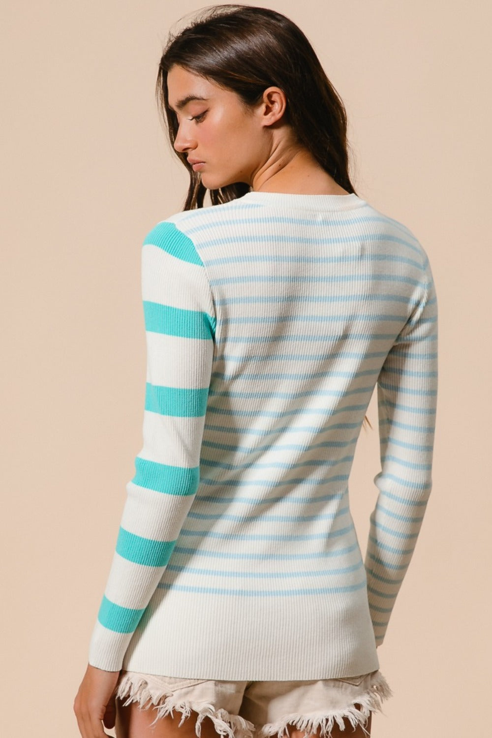 Mint Stripe Asymmetrical Hem Knit Top