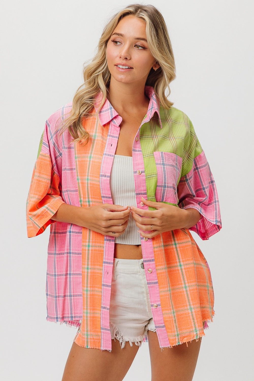 Plaid Collared Half Sleeve Shirt