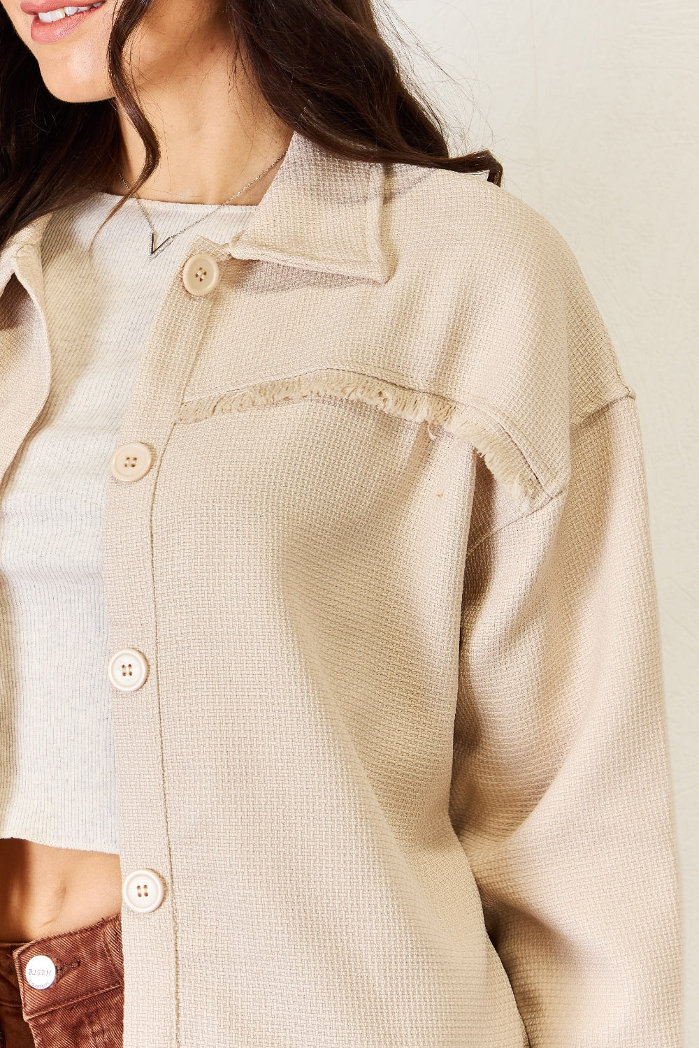 Textured Fray Detail Shirt Jacket