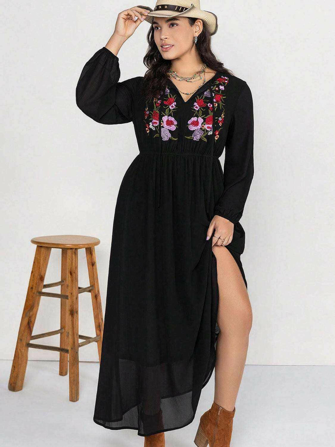 Rustic Floral Embroidered Maxi Dress - Plus Size