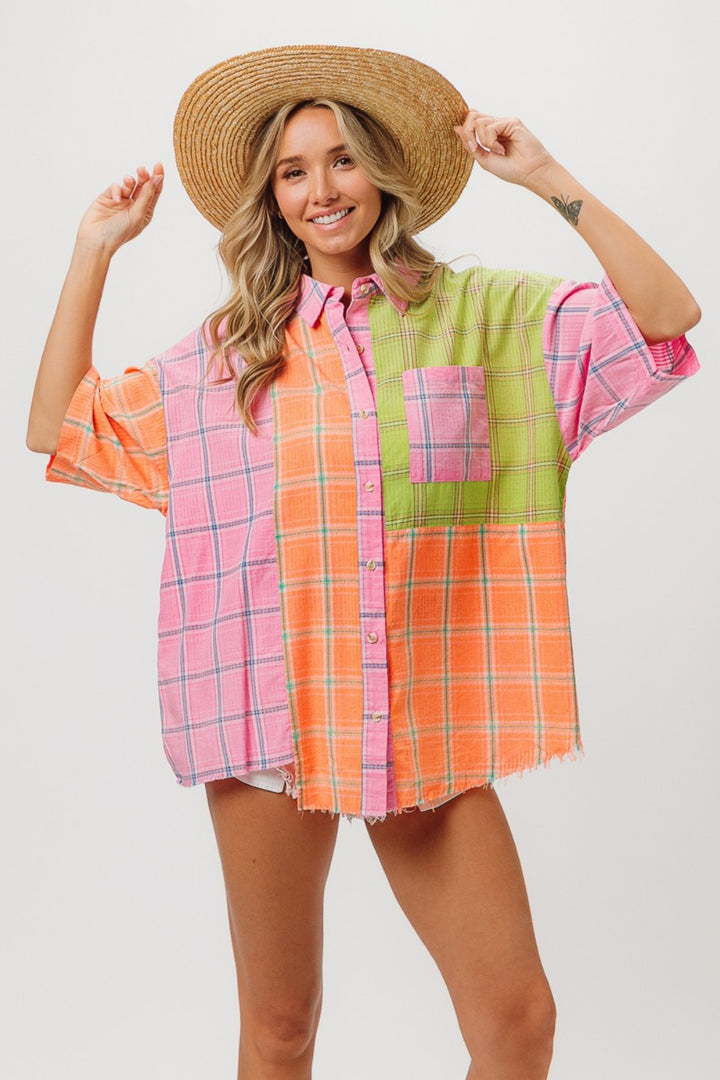 Plaid Collared Half Sleeve Shirt