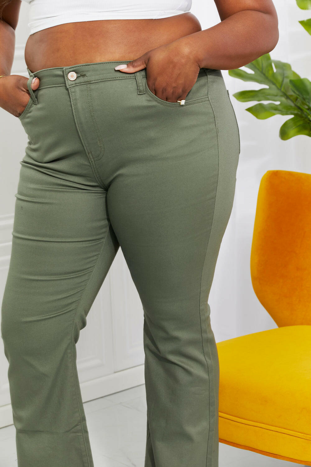 Zenana 'Clementine' High-Rise Bootcut Jeans in Olive - Full Size.