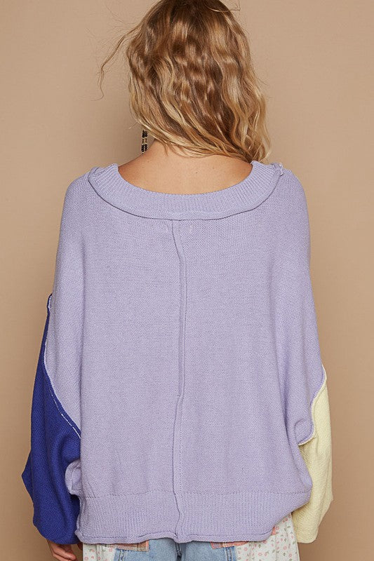 Color Block Lantern Sleeve Sweater