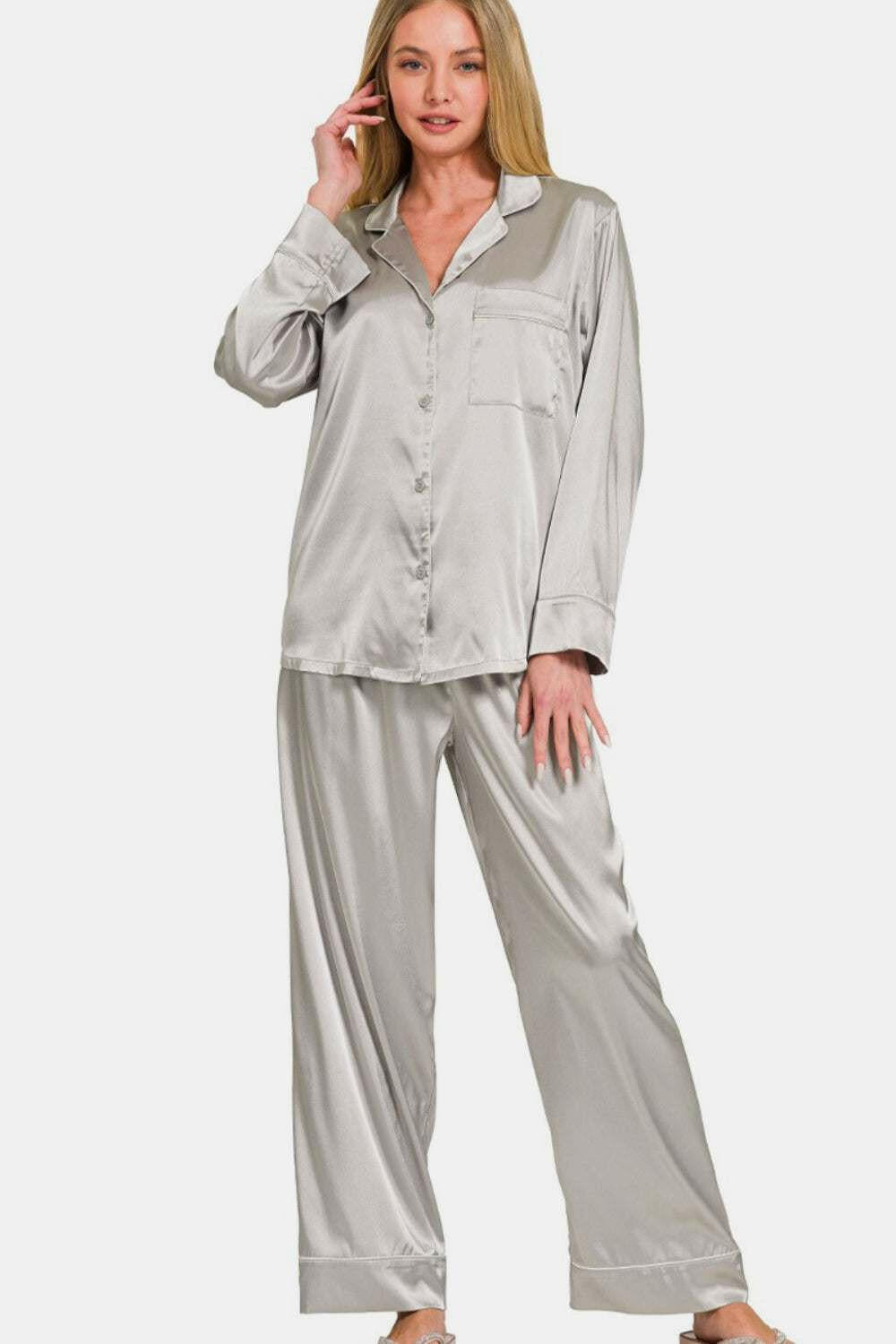 Classic Satin Pajama Set Shirt and Pants (with piping and chest pocket) - The Rogue Daisy