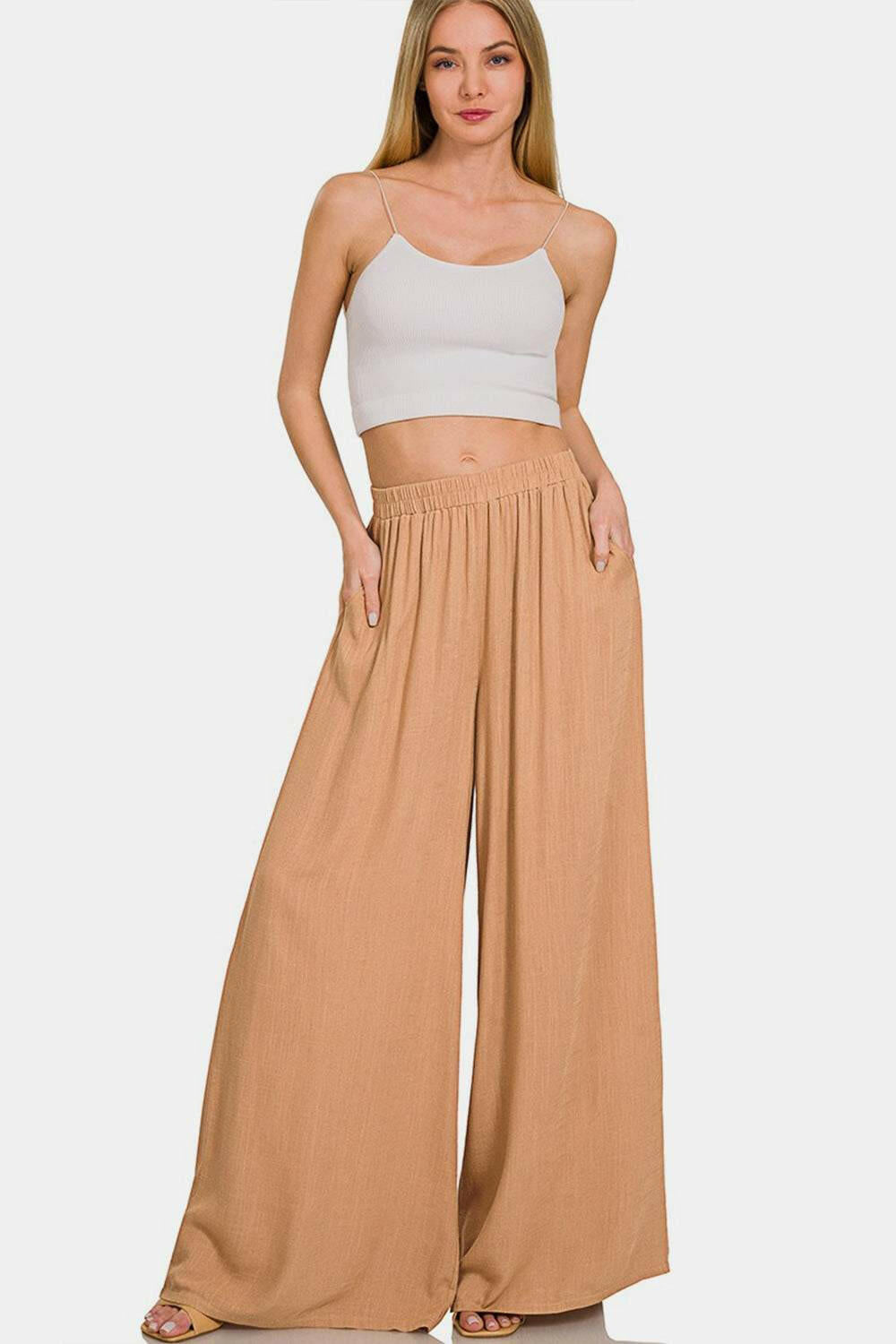 Pleated Linen-Blend Wide-Leg Pants.