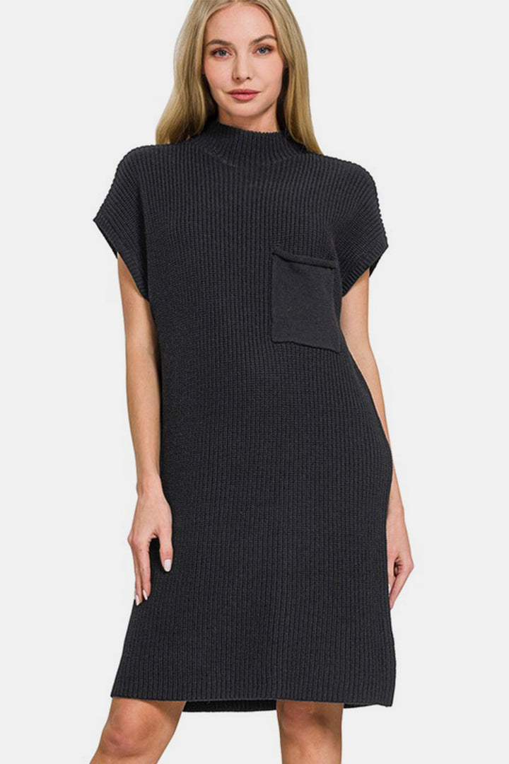 Cotton Mock Neck Short Sleeve Sweater Dress