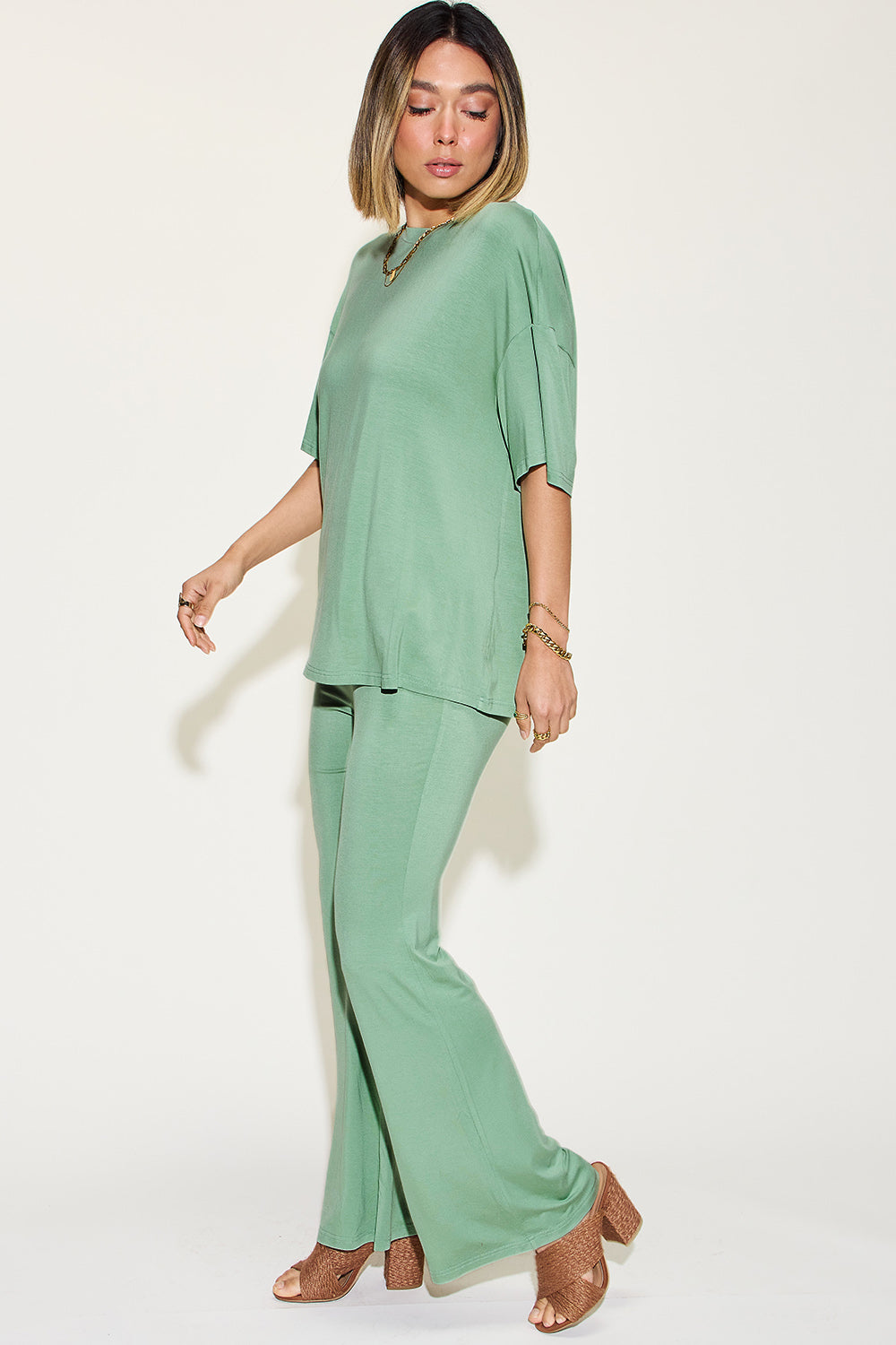 Bamboo Drop Shoulder T-Shirt and Flare Pants Set