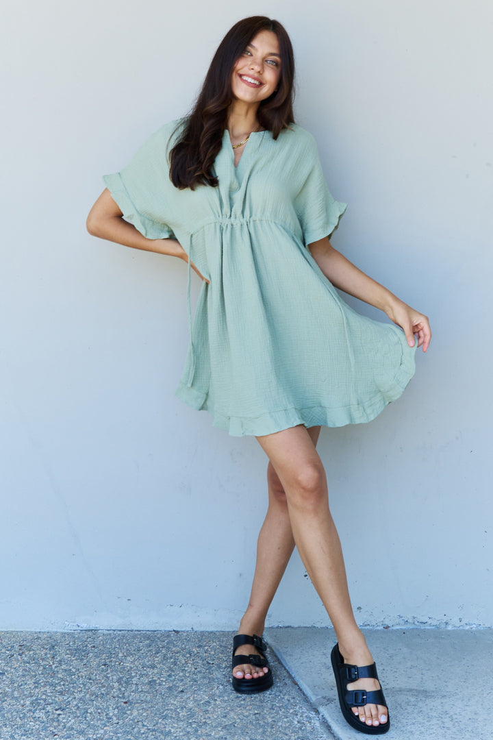 Cotton Ruffle Mini Dress with Drawstring Waist