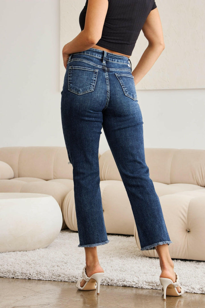 RFM 'Dylan' Tummy Control Distressed High Waist Raw Hem Cropped Jeans - Full Size.