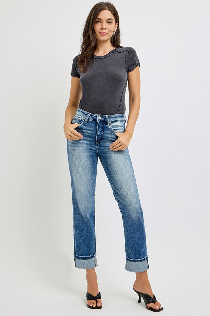 High Rise Crop Roll Up Jeans