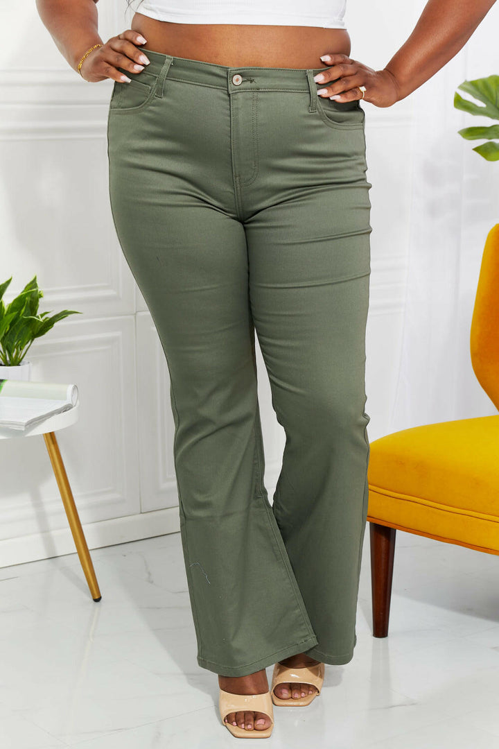 Zenana 'Clementine' High-Rise Bootcut Jeans in Olive - Full Size.