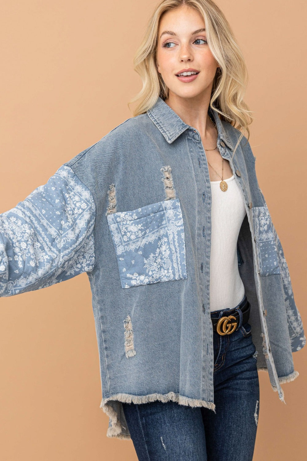 Paisley Print Quilted Denim Jacket