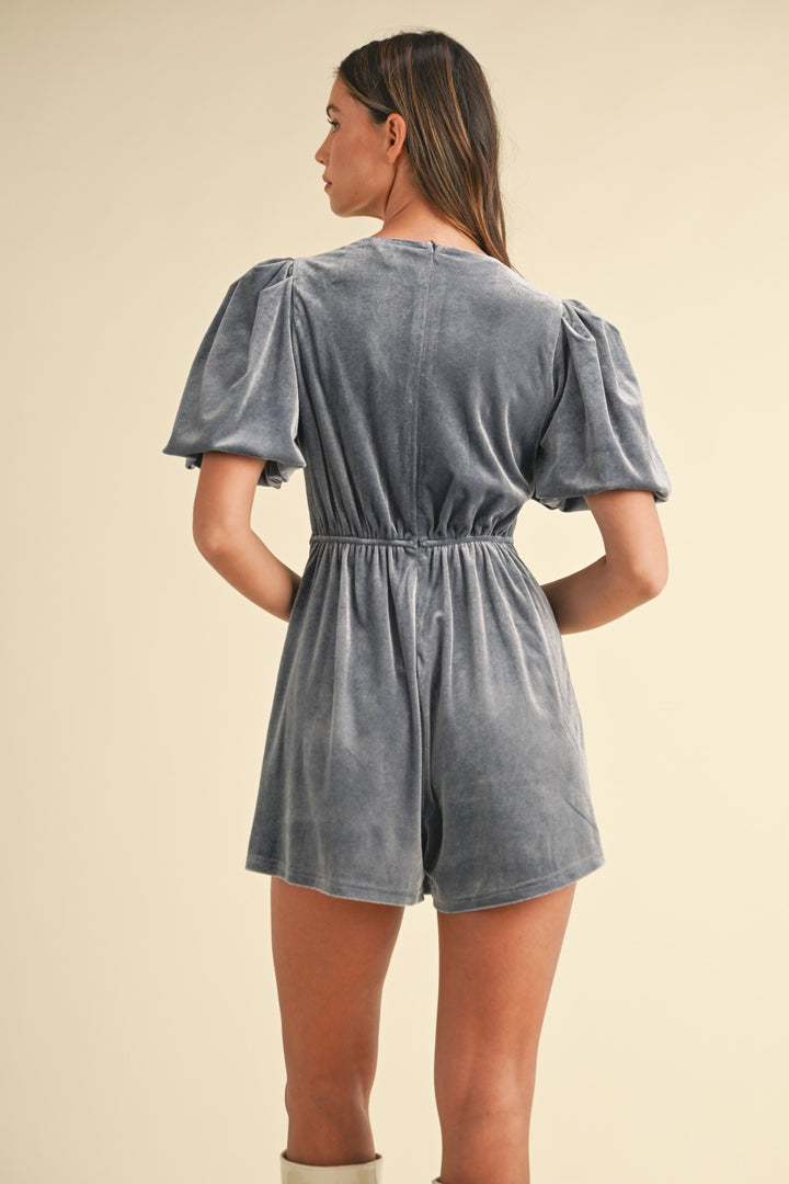 Jewel Bow Puff Sleeve Velvet Romper