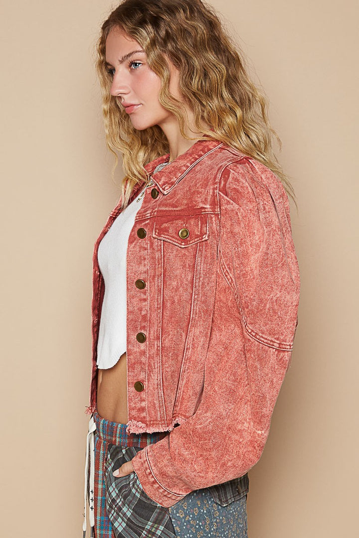 Brick Red Cropped Denim Jacket