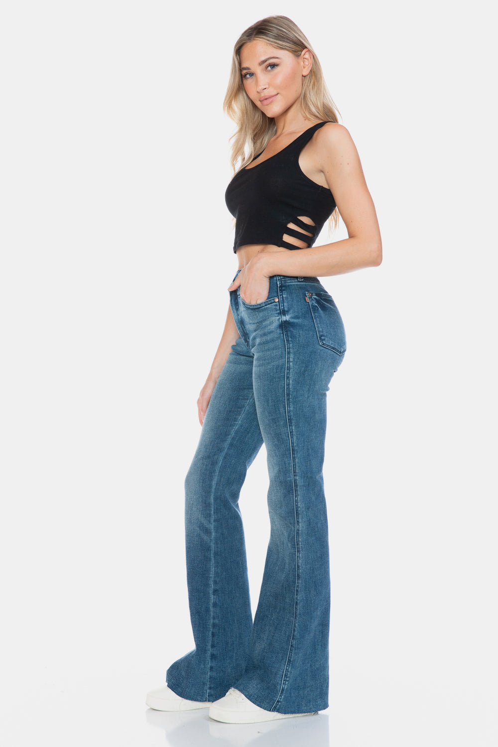 Judy Blue Tummy Control Vintage Wash Cut Hem Flare Jeans