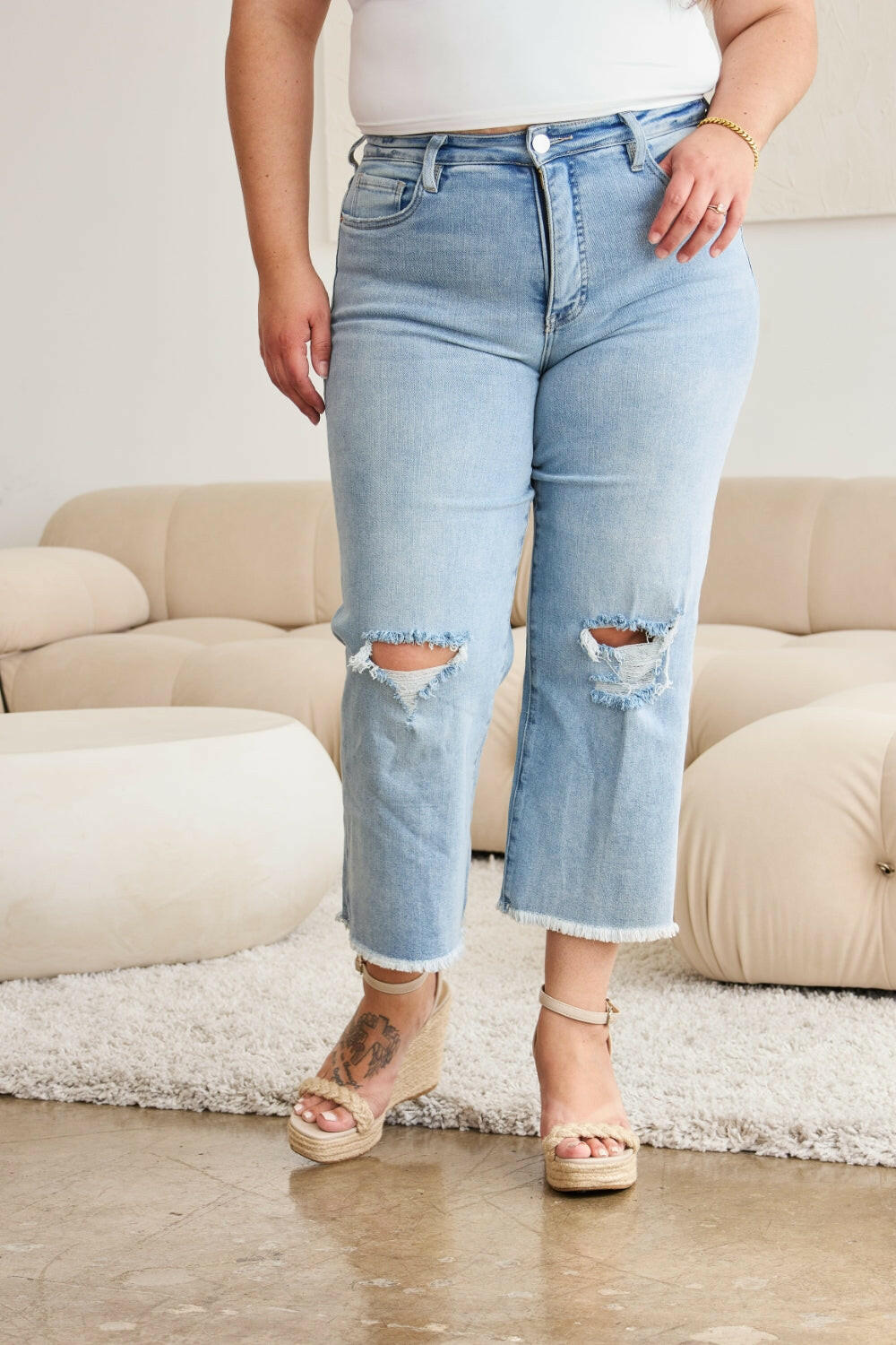 RFM Tummy Control High Waist Raw Hem Distressed Jeans - Full Size.