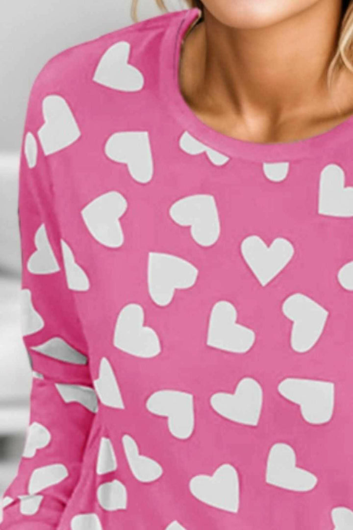 Heart Print Round Neck Top