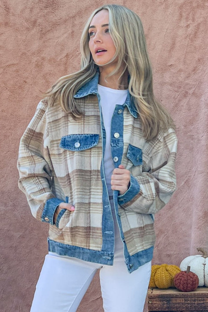 Washed Denim Brushed Plaid Jacket